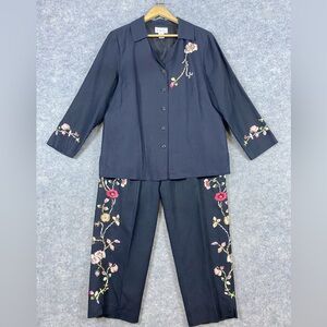I.S.C. Linen Blend Floral Embroidered Pantsuit L Black Boho Artsy Cottagecore‎